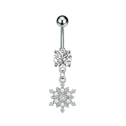 Crystal Snowflake Belly Button Rings for Women Stainless Steel Christmas Dangle Navel Ring Cubic Zirconia Floral Curved Barbell Body Piercing Jewelry - color: Silver