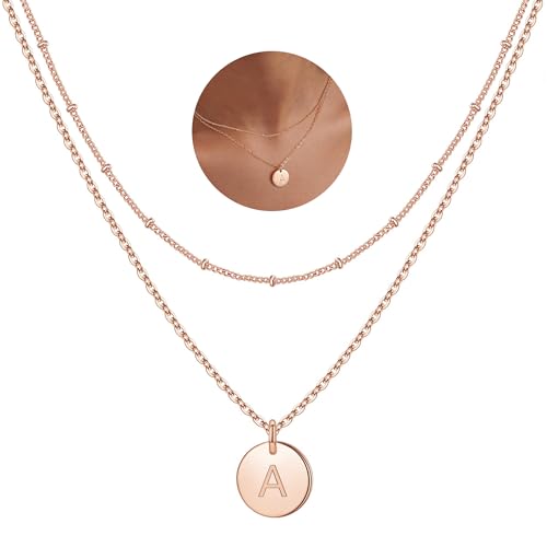 IEFWELL Initial Necklaces for Women Girls, Disc Letter A-Z Layered Necklace | Disc Necklaces for Women Girls, 14K Gold Plated, Double Side Engraved Coin Necklaces, Jewelry Birthday Gifts for Teen Girls - color: Rose Gold, size: 14"+2"/16"+2", style: A'