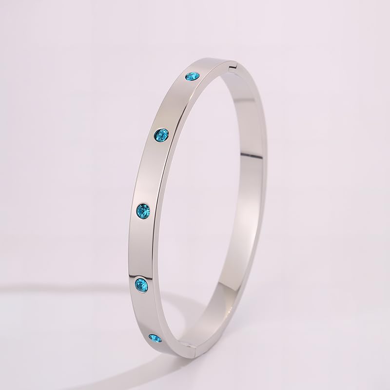 Women’s Silver Bracelet with Blue Crystals – Stainless Steel Slim Hinged Bangle