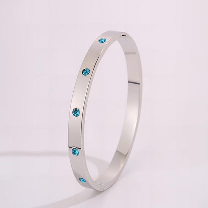 Women’s Silver Bracelet with Blue Crystals – Stainless Steel Slim Hinged Bangle