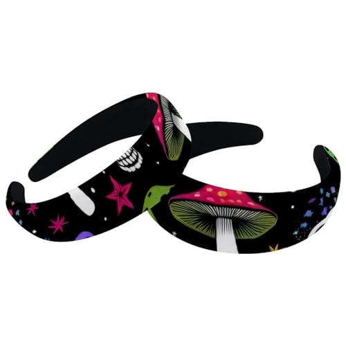 2 Pcs Wide Padded Headband Velvet Headbands Puffy Thick Hairbands Soft Hair bands for Women Girls Hair Accessories for Teen Girls,Colorful Mushroom Skull - color: Multi-colored 8