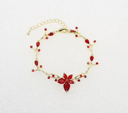 Faship Gorgeous CZ Crystal Floral Necklace Earrings Set - color: Red / 14K gold plated / Matching Bracelet