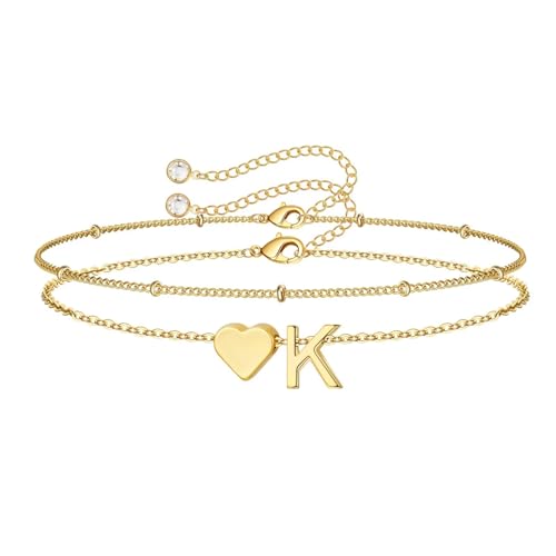 M MOOHAM Initial Bracelets for Women Teen Girls - Heart Letter A-Z Bracelet | Dainty 14K Gold Plated Jewelry, Heart Initial Bracelet, Bracelets for Women Girls Trendy, Birthday Gifts for Women Girls Her - color: Gold - K