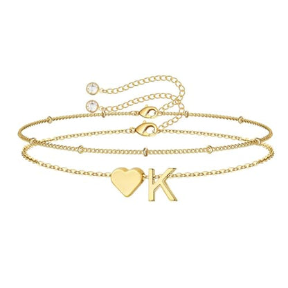M MOOHAM Initial Bracelets for Women Teen Girls - Heart Letter A-Z Bracelet | Dainty 14K Gold Plated Jewelry, Heart Initial Bracelet, Bracelets for Women Girls Trendy, Birthday Gifts for Women Girls Her - color: Gold - K