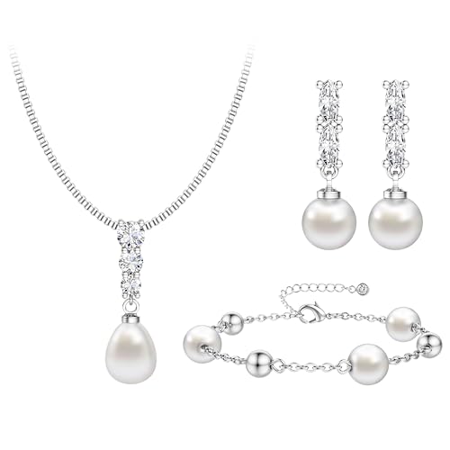 14K Gold Plated Pearl Jewelry Set 925 Sterling SIlver Post | Dainty Dangle Earrings Adjustment Pearl Necklace Bracelet Wedding Jewelry Sets for Bride Bridesmaid Trendy - color: Silver 1
