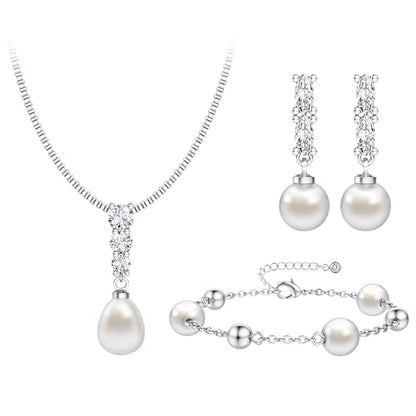 14K Gold Plated Pearl Jewelry Set 925 Sterling SIlver Post | Dainty Dangle Earrings Adjustment Pearl Necklace Bracelet Wedding Jewelry Sets for Bride Bridesmaid Trendy - color: Silver 1