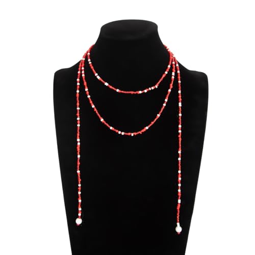 GYRMMUE Colorful Seed Bead Lariat Necklace for Women Boho Y Drop Beaded Choker Adjustable Multi Strand Wrap Necklaces Dainty Long Tassel Rice Bead Necklaces Everyday Party Jewelry - color: Red1