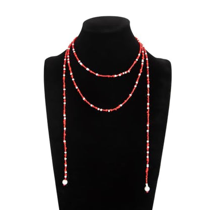 GYRMMUE Colorful Seed Bead Lariat Necklace for Women Boho Y Drop Beaded Choker Adjustable Multi Strand Wrap Necklaces Dainty Long Tassel Rice Bead Necklaces Everyday Party Jewelry - color: Red1