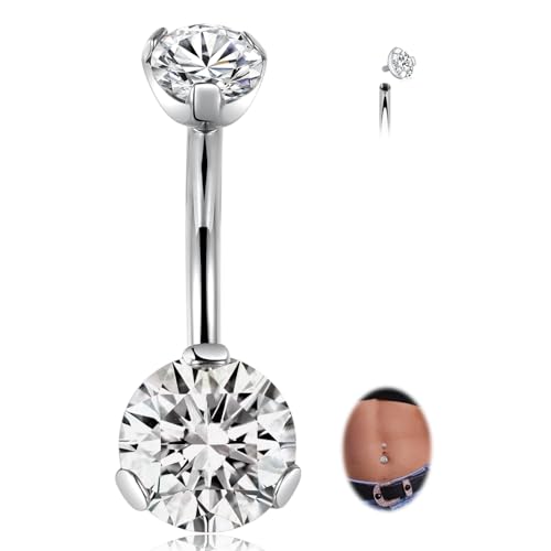 FUNLMO 14G Belly Button Ring Titanium Belly Button Piercing Belly Ring Internally Threaded Navel Piercing Jewelry - color: Silver-Clear CZ
