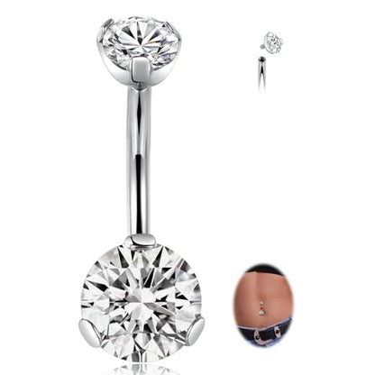 FUNLMO 14G Belly Button Ring Titanium Belly Button Piercing Belly Ring Internally Threaded Navel Piercing Jewelry - color: Silver-Clear CZ