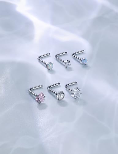 6 Pcs 18G 20G Surgical Steel Nose Rings Studs for Women Opal Nose Rings Diamond CZ Nose Studs L Shaped Nose Nostril Piercing Jewelry Hypoallergenic - style: 18G,L Shaped