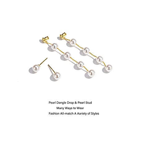 Long Pearl Earrings for Women 925 Sterling Silver Dangle Earrings | Hypoallergenic Dainty Dangle Drop Earrings, Elegant Pearl Jewelry for Bridal, Mother's Day Anniversary Birthday Jewelry Gift - color: Gold