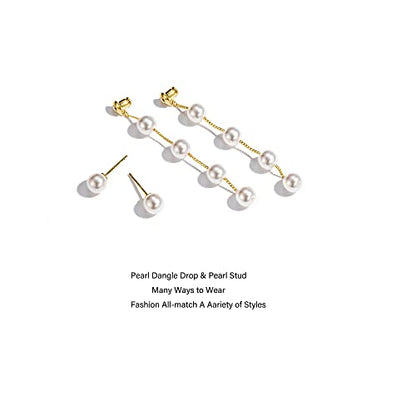 Long Pearl Earrings for Women 925 Sterling Silver Dangle Earrings | Hypoallergenic Dainty Dangle Drop Earrings, Elegant Pearl Jewelry for Bridal, Mother's Day Anniversary Birthday Jewelry Gift - color: Gold