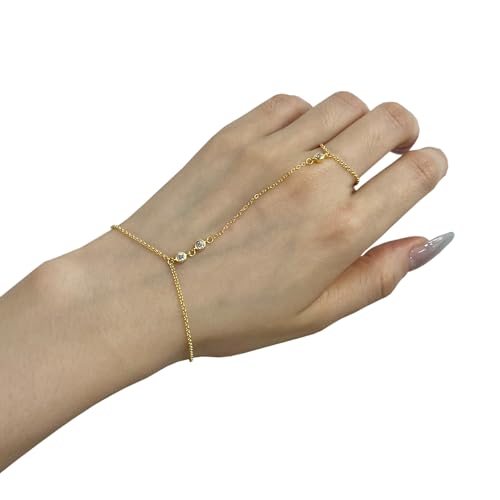 Kakikaki 925 Sterling Silver Finger Ring Bracelet Hand Chain for Women | Slave Bracelets 7" to 9" Adjustable - color: Gold, style: 3 Diamond