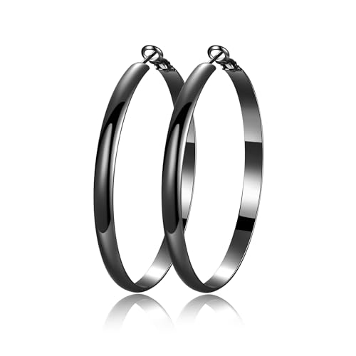 EXGOX 5mm Wide Gold Hoop Earrings for Women,Sterling Silver Hoop Earrings Large Silver Hoop Earrings Hypoallergenic Lightweight 14K Real Gold Plated Big Hoop Earrings for Women 30/40/50/60/70mm - color: Black Hoop-60mm