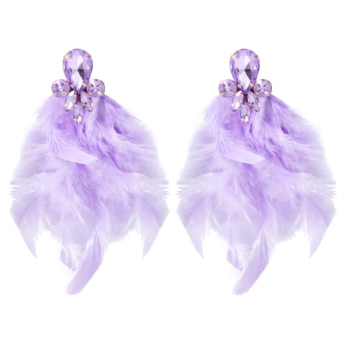 Long Feather Earrings for Women Bohemian Crystal Zirconia Dangle Feather Earrings Crystal Tassel Feather Earrings Wedding Halloween Prom Jewelry - color: Purple