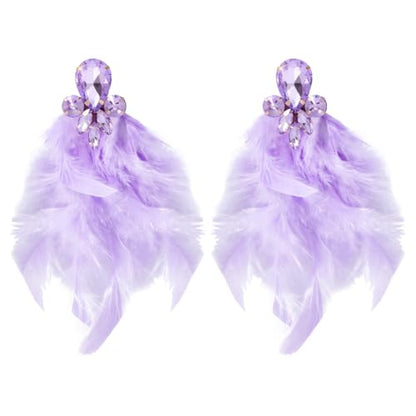 Long Feather Earrings for Women Bohemian Crystal Zirconia Dangle Feather Earrings Crystal Tassel Feather Earrings Wedding Halloween Prom Jewelry - color: Purple