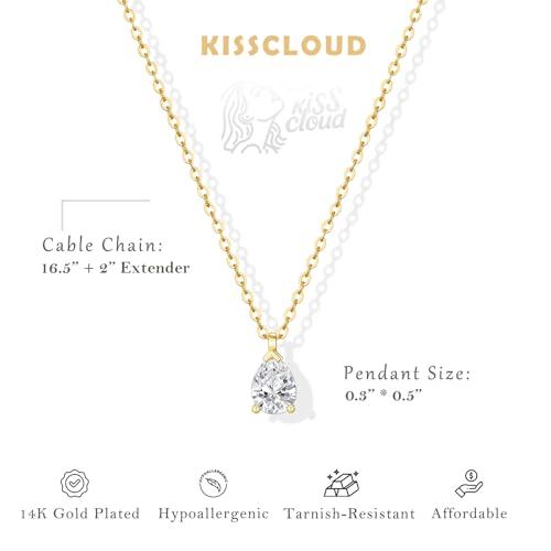 Gold Necklace for Women 14K Gold Plated Dainty Pendant Chain Puffy Heart Italian Horn Radiant Sun Compass CZ Teardrop Bow Charm Trendy Jewelry Gift - color: Gold-CZ teardrop/cable chain