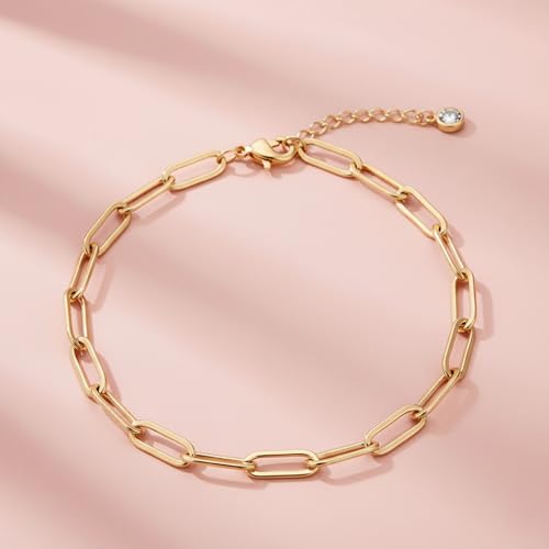 Solza 2 Layer Gold Plated Bracelet – Stainless Steel Adjustable Layered Chain with 3mm Beads, 18K Gold Plated Non Tarnish Jewelry for Women, Elegant Beaded Bracelet Stack for Everyday Wear - style: Paper Clip Chain