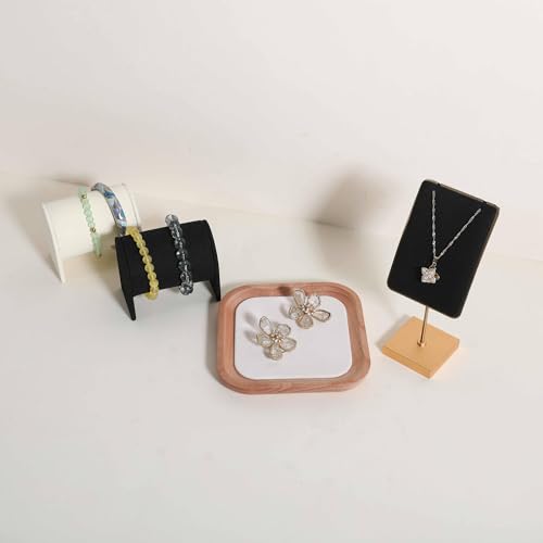 velvet Jewelry organizer tray, Beech wood Jewelry Display Plate, Beige Jewelry Viewing Tray, Jewelry showcase tray for Necklace Bracelet Ring Earring stand holder (Cream-Small, 5.1x 5.1 in) - size: Small