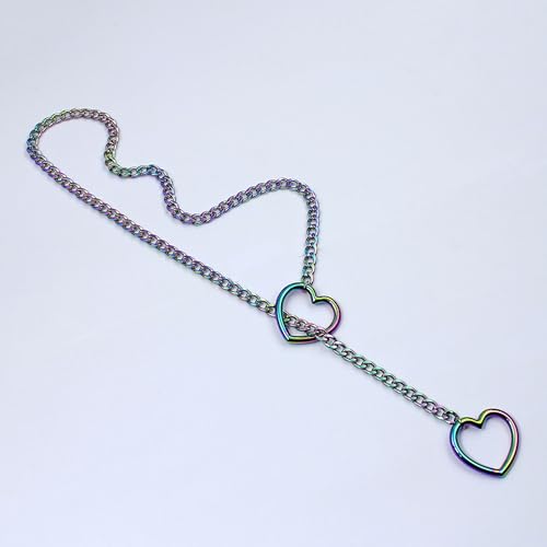Artmiss Heart Slip Chain Necklace Cuban Long Chain Affection Link Necklace Submissive Collar Chokers for Women - color: Iridescent Rainbow