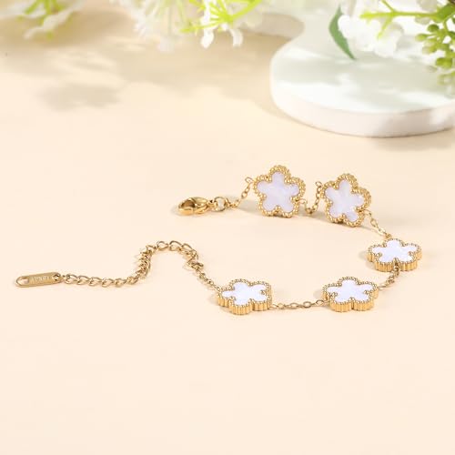 TICVSS Four Leaf Clover Bracelet for Women 18K Gold Plated Stainless Steel Lucky 4 Leaf Gold Link Bracelet Jewelry Gift for Women - color: White