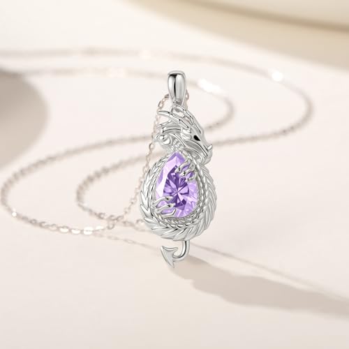 Dragon Necklace Sterling Silver Wyvern Pendant Jewelry with Teardrop Birthstone Gifs for Women - style: Dragon necklace-Purple stone