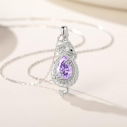 Dragon Necklace Sterling Silver Wyvern Pendant Jewelry with Teardrop Birthstone Gifs for Women - style: Dragon necklace-Purple stone