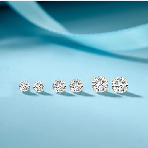 MASOP VOGU 3-5mm Sterling Silver Stud Earrings Set 14K White Gold Plated Hypoallergenic Tiny Round Cut CZ Cubic Zirconia Simulated Diamond Cartilage Studs for Women Men - color: D# 3Pairs Gold(3/4/5mm)