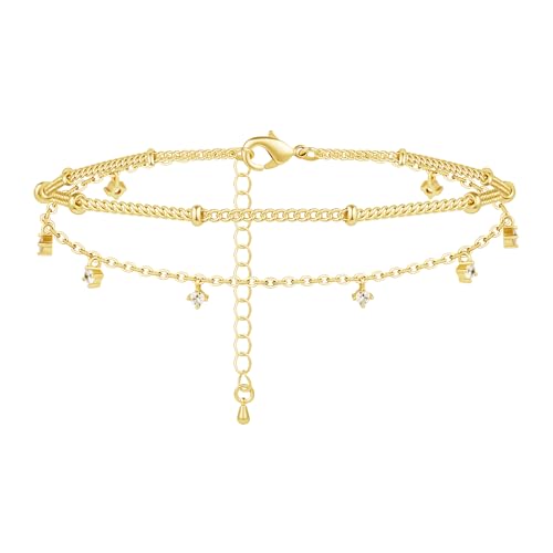Gold/Sterling Silver Anklet Bracelets for Women Waterproof, Non Tarnish 925 Sterling Sliver Plated Heart Evileye Butterfly Charm, Dainty Summer Beach Anklets for Women, Beach Vacation Bikini Outfits for Her Mom - style: CZ-Gold