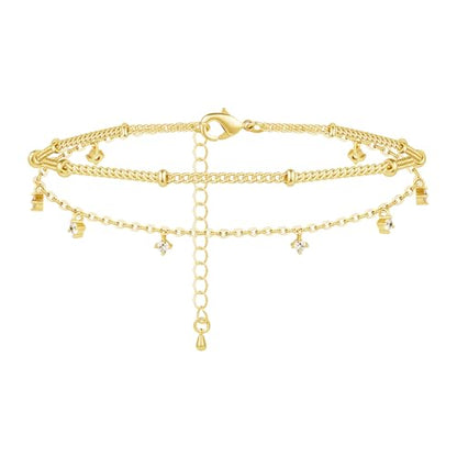 Gold/Sterling Silver Anklet Bracelets for Women Waterproof, Non Tarnish 925 Sterling Sliver Plated Heart Evileye Butterfly Charm, Dainty Summer Beach Anklets for Women, Beach Vacation Bikini Outfits for Her Mom - style: CZ-Gold