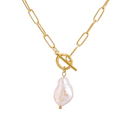 Natural Baroque Pearl/Gemstone Toggle Paperclip Pendant Necklace 18K Gold Plated Oval Natural Stone Jewelry Gift for Women