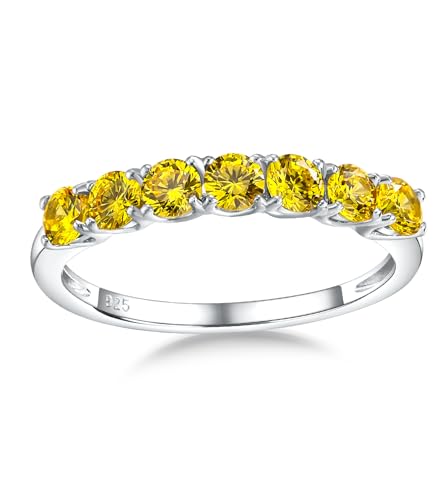 Birthstone Wedding Band Eternity Rings 925 Sterling Silver Rings Stackable Anniversary Engagement Rings Cubic Zirconia Inlaid Created Garnet/Amethyst/Sapphire Ring 7 Stone Ring, Size 6 to 10 - color: Citrine