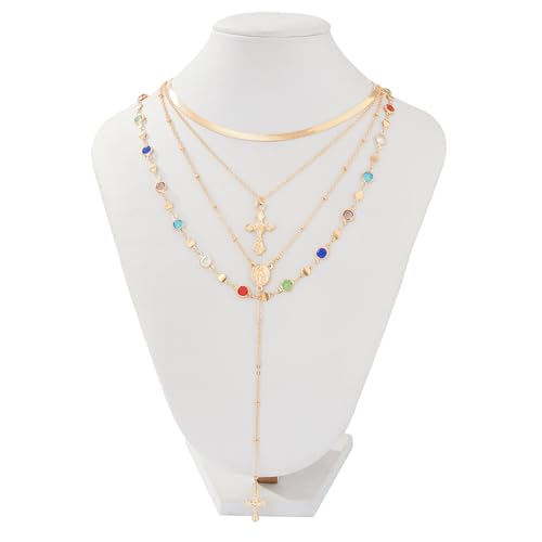 Layered Cross Necklace Set for Women, Layered Choker Necklaces Trendy Jewelry, Colorful Enamel Beaded Y-Shaped Lariat Necklace, Boho Multilayer Cross Necklace for Party and Daily Wear - color: Gold-06