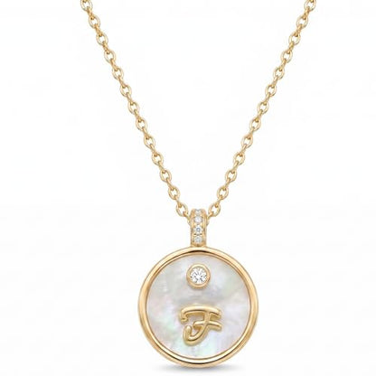 Initial Necklaces for Women Mother of Pearl Gold Letter Necklace Pendant - color: Letter F