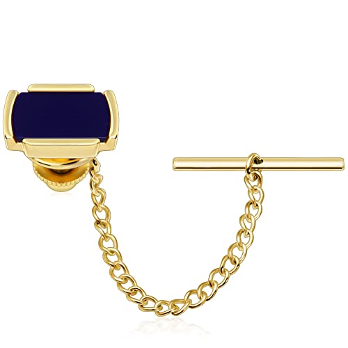 HAWSON Tie Pins Tie Tacks for Men with Chain, Mens Jewelry or Accessories for Wedding Birthday Anniversary Christmas Valentine's Day - color: Gold + Blue Stone