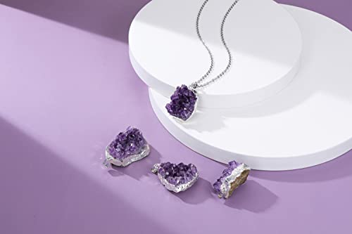 Jovivi Natural Amethyst Cluster Crystal Necklace for Women Men,Irregular Raw Rough Amethyst Quartz Stone Pendant Necklace Jewelry for Spiritual Reiki Healing,Beauty, Love and Positive Energy - color: Silver Plated