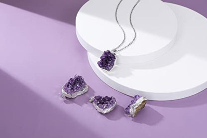 Jovivi Natural Amethyst Cluster Crystal Necklace for Women Men,Irregular Raw Rough Amethyst Quartz Stone Pendant Necklace Jewelry for Spiritual Reiki Healing,Beauty, Love and Positive Energy - color: Silver Plated