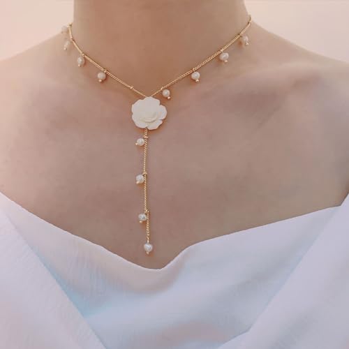 Boho Pearl Drop Necklace for Women White Flower Pendant Necklace Pearl Y Necklace Chain Flower Y Lariat Necklace Pearl Y Drop Chain Necklace Gold Pearl Bead Necklace Jewelry for Girls