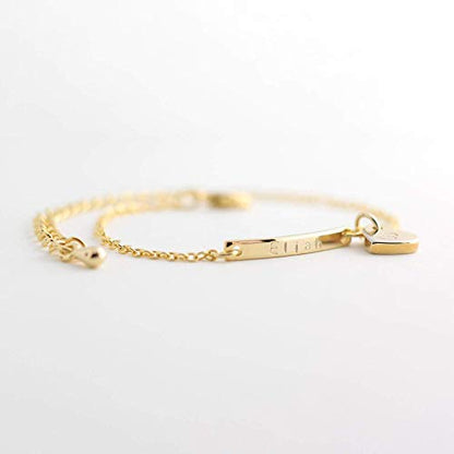 Personalized Name Bar Anklet for Women with Hand Stamped Dangle Heart Charm, Custom Engraved Initial Plate, 16K Gold Rose Gold Silver Plated Hypoallergenic Stainless Steel, Anniversary Birthday Bridesmaid Gift