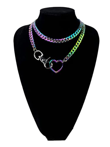 paloli Women's Slip Chain Rainbow Heart O-Ring Chunky Chain Necklace, Rays Cuban Long Layered Jewelry, Adjustable Lariat Y-Necklace Heart Loop Choker - color: A-Heart-Rainbow