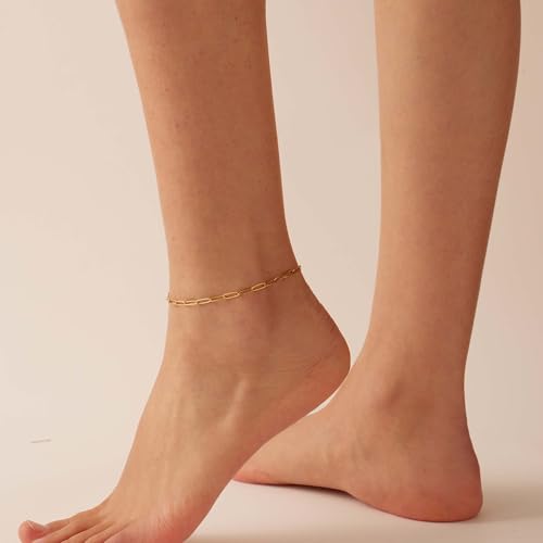 Dainty Ankle Bracelets for Women 18K Gold Plated Waterproof | Satellite Beaded Herringbone Lip Chain Anklets Simple Minimalist Summer Beach Foot Jewelry, Gift Box Included - color: Paperclip-Gold