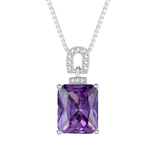 Emerald Cut Birthstone Necklace for Women 925 Sterling Silver | Baguette Birthstone Pendant Necklace, Jewelry for Mom Wife - color: Purple