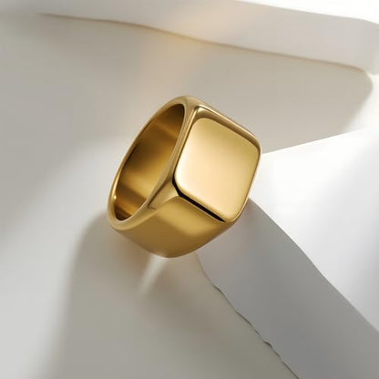 Mens Stainless Steel Plain Signet Rings 4/7/10/14MM Rectangular Pinky Rings | High Polish Classic Blank Thumb Rings, Everyday Comfit Wear, Gift for Men - color: Gold14