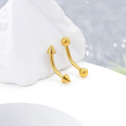 2 Pcs 14k Gold Filled Eyebrow Rings, 16G Threaded Rook Piercing Jewelry, Surgical Steel Vertical Lip Labret Belly Tongue Ring Daith Earring Curved Barbells - color: 8mm-2pcs Cone Top