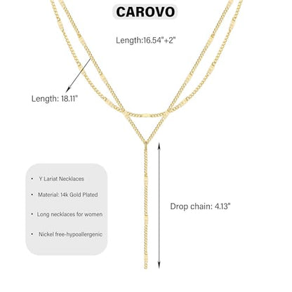 CAROVO Gold Necklace for Women Dainty Long Necklace 14K Gold/Silver Lariat Y-Shaped Pendant Necklaces Trendy Layered Lip Cubic Zirconia Beaded Chain Drop Necklaces Jewelry for Women Gifts - color: Gold, style: C: Gold Layered Y Necklace-437