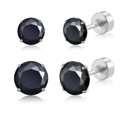 20G G23 Implant Grade Titanium Flat Back Stud Earrings for Women Men, Gold/White Gold Plated Tragus Labret Cartilage Helix F136 Piercing Jewelry for Sensitive Ears, with 4-6mm Cubic Zirconia - color: 2Pairs-20G-Silver-Black-Stud Earring Sets