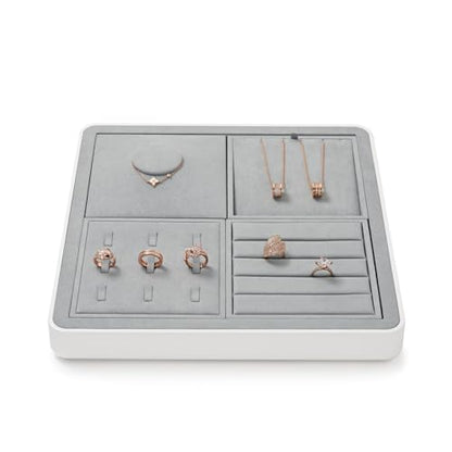 Microfiber 16 Grids Stackable Jewelry Display Trays Showcase | Jewelry Organizer Storage Trays Gray - size: 5.49" x 5.52" x 0.78"