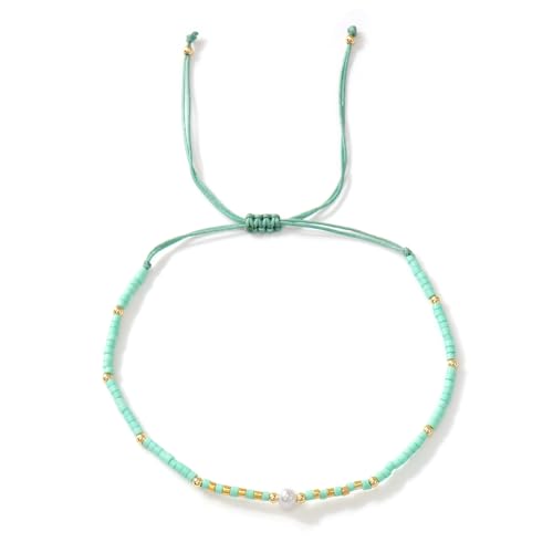 Boho Colorful Glass Gold Plated Seed Beaded Bracelets or Women, Handmade Romantic Freshwater Pearl Adjustable String Braided Rope Jewelry, Summer Beach Daily Party Friendship Gift - color: Green