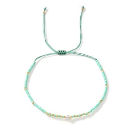 Boho Colorful Glass Gold Plated Seed Beaded Bracelets or Women, Handmade Romantic Freshwater Pearl Adjustable String Braided Rope Jewelry, Summer Beach Daily Party Friendship Gift - color: Green